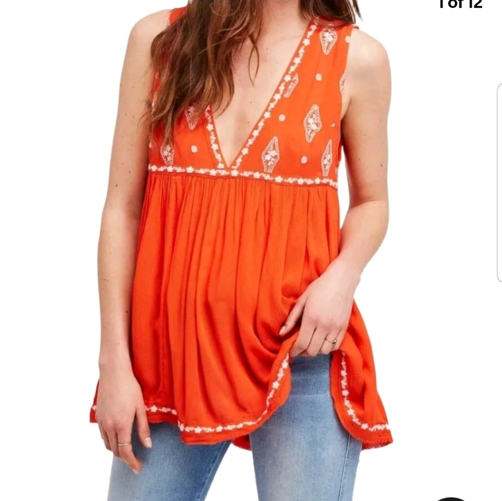 Free People Top Diamond Embroidered Sleeveless Deep V Neck Raw Swing Hem Orange